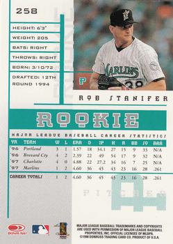 1998 Leaf Rookies & Stars #258 Rob Stanifer Back