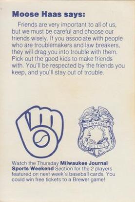 1985 Milwaukee Brewers Police #NNO Moose Haas Back
