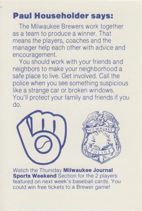 1985 Milwaukee Brewers Police #NNO Paul Householder Back
