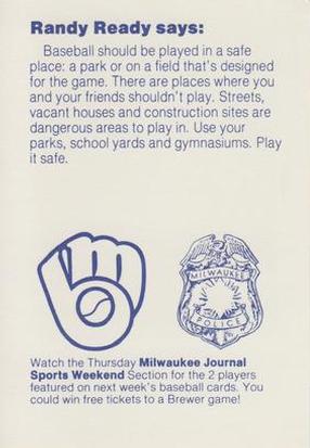 1985 Milwaukee Brewers Police #NNO Randy Ready Back