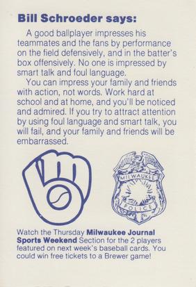 1985 Milwaukee Brewers Police #NNO Bill Schroeder Back