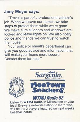 1989 Milwaukee Brewers Police #NNO Joey Meyer Back