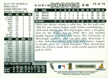 1998 Score Chicago White Sox #13 Chris Snopek Back