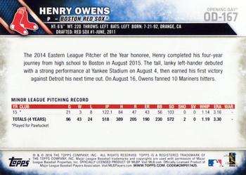 2016 Topps Opening Day #OD-167 Henry Owens Back