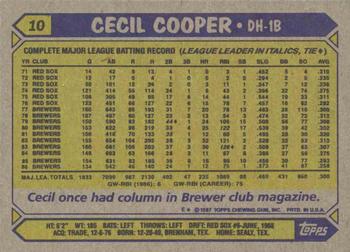 1987 Topps #10 Cecil Cooper Back