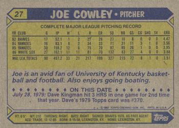 1987 Topps #27 Joe Cowley Back