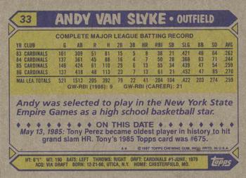 1987 Topps #33 Andy Van Slyke Back