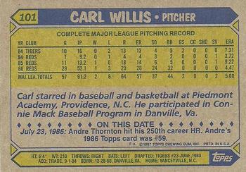 1987 Topps #101 Carl Willis Back