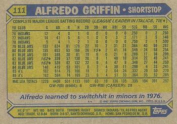 1987 Topps #111 Alfredo Griffin Back