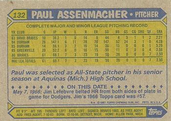1987 Topps #132 Paul Assenmacher Back