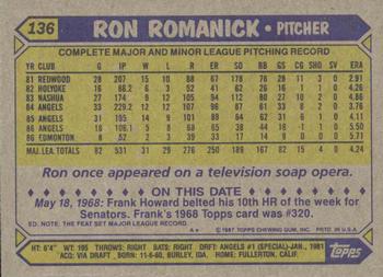 1987 Topps #136 Ron Romanick Back