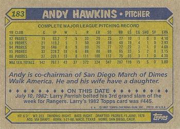 1987 Topps #183 Andy Hawkins Back