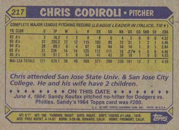 1987 Topps #217 Chris Codiroli Back