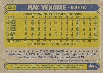1987 Topps #226 Max Venable Back