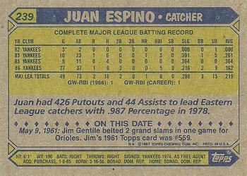 1987 Topps #239 Juan Espino Back