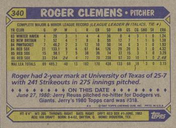 1987 Topps #340 Roger Clemens Back