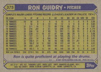 1987 Topps #375 Ron Guidry Back