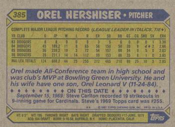 1987 Topps #385 Orel Hershiser Back