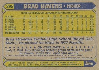 1987 Topps #398 Brad Havens Back