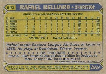 1987 Topps #541 Rafael Belliard Back
