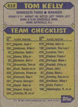 1987 Topps #618 Tom Kelly Back