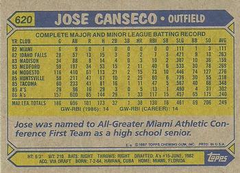 1987 Topps #620 Jose Canseco Back