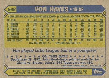 1987 Topps #666 Von Hayes Back