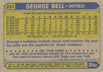 1987 Topps #681 George Bell Back