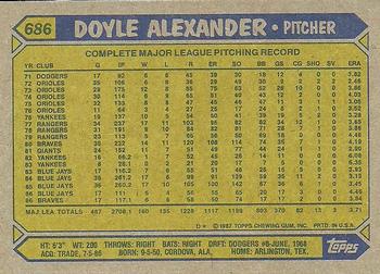 1987 Topps #686 Doyle Alexander Back