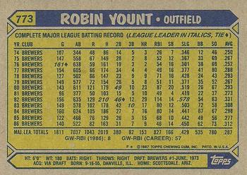 1987 Topps #773 Robin Yount Back