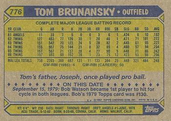 1987 Topps #776 Tom Brunansky Back