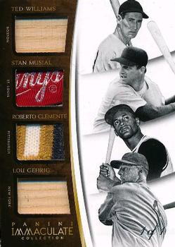 2015 Panini Immaculate Collection - Immaculate Quad Players Laundry Tags #1 Lou Gehrig / Roberto Clemente / Ted Williams / Stan Musial Front