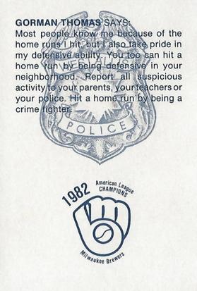 1983 Milwaukee Brewers Police - West Allis Police Department #NNO Gorman Thomas Back