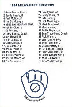 1984 Milwaukee Brewers Police - Kaukauna Police Department #NNO Team Photo/(Checklist back) Back