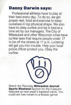 1985 Milwaukee Brewers Police - Oshkosh Police Department and Oshkosh Noon Kiwanis #NNO Danny Darwin Back