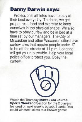 1985 Milwaukee Brewers Police - Waukesha County Sheriff's Department #NNO Danny Darwin Back