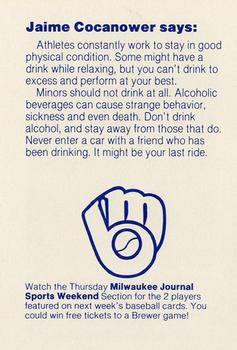 1985 Milwaukee Brewers Police - Waukesha Police Department and Independent Insurance Agents Of Waukesha #NNO Jaime Cocanower Back