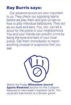 1985 Milwaukee Brewers Police - Winneconne Police Department #NNO Ray Burris Back