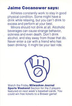 1985 Milwaukee Brewers Police - Winneconne Police Department #NNO Jaime Cocanower Back
