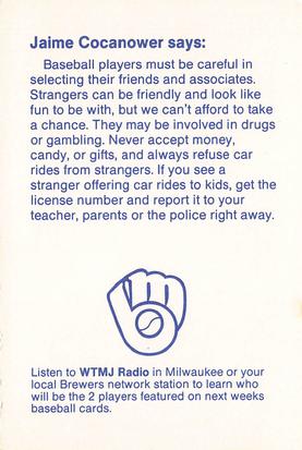 1986 Milwaukee Brewers Police - City of Brookfield Police Department and The Brookfield Jaycees #NNO Jaime Cocanower Back