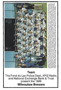 1986 Milwaukee Brewers Police - Fond du Lac Police Dept., KFIZ Radio, and National Exchange Bank & Trust #NNO Milwaukee Brewers Team Photo Front