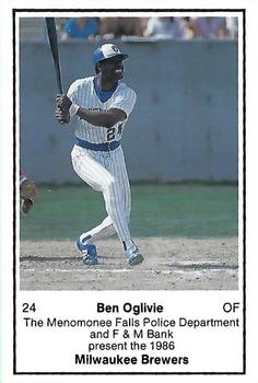 1986 Milwaukee Brewers Police - Menomonee Falls Police Department and F&M Bank #NNO Ben Oglivie Front