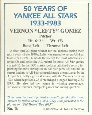 1983 TCMA 50 Years of New York Yankees All-Stars #16 Lefty Gomez Back