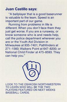 1987 Milwaukee Brewers Police - Oshkosh Police Department and McDonald's Of Oshkosh #NNO Juan Castillo Back