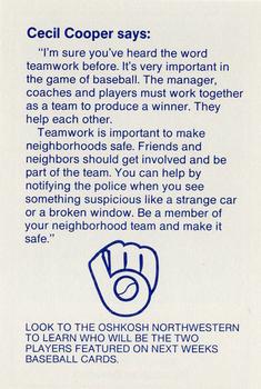 1987 Milwaukee Brewers Police - Oshkosh Police Department and McDonald's Of Oshkosh #NNO Cecil Cooper Back