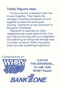 1988 Milwaukee Brewers Police - Appleton Police Department, BANK ONE, APPLETON, N.A. & AM 1230 WHBY Radio #NNO Ted Higuera Back
