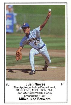 1988 Milwaukee Brewers Police - Appleton Police Department, BANK ONE, APPLETON, N.A. & AM 1230 WHBY Radio #NNO Juan Nieves Front