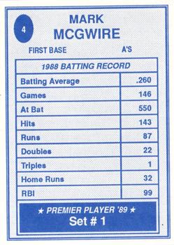 1989 Premier Player '89 Set # 1 (unlicensed) #4 Mark McGwire Back