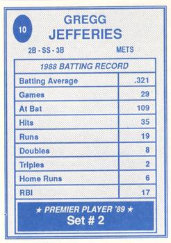 1989 Premier Player '89 Set # 2 (unlicensed) #10 Gregg Jefferies Back
