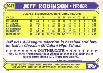 1987 Topps Traded #104T Jeff Robinson Back